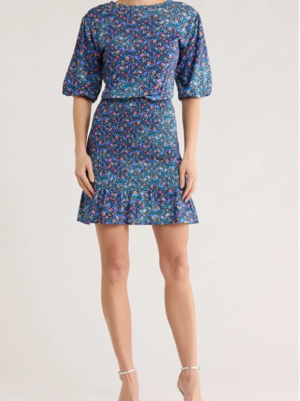 Sandro Paris Blue Floral Spinelle Smocked Mini Dress Sz 40 / US L- MSRP $340